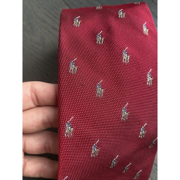 Polo Ralph Lauren Tie Mens RED Hand Made in Italy Silk Polo Player Print - Picture 2 of 7